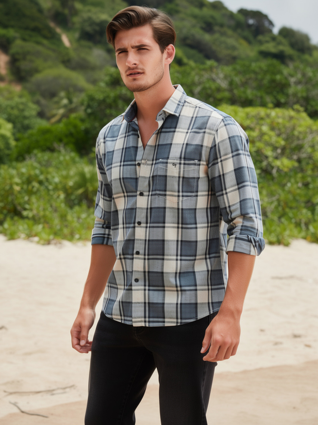 Denim Blue Checked Casual Shirt
