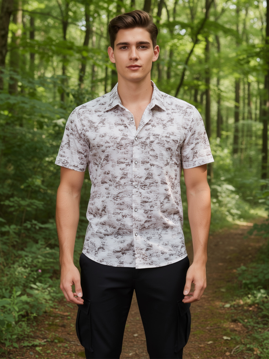 Frost White and Brown Textured Abstract Printed Casual Shirt
