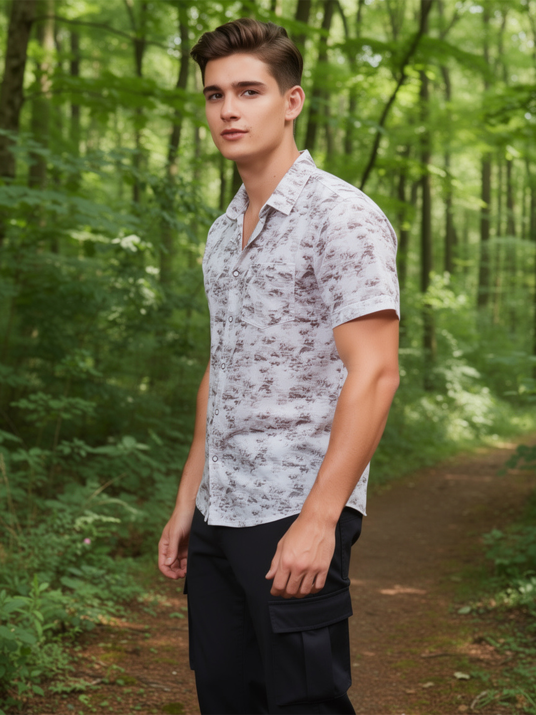 Frost White and Brown Textured Abstract Printed Casual Shirt