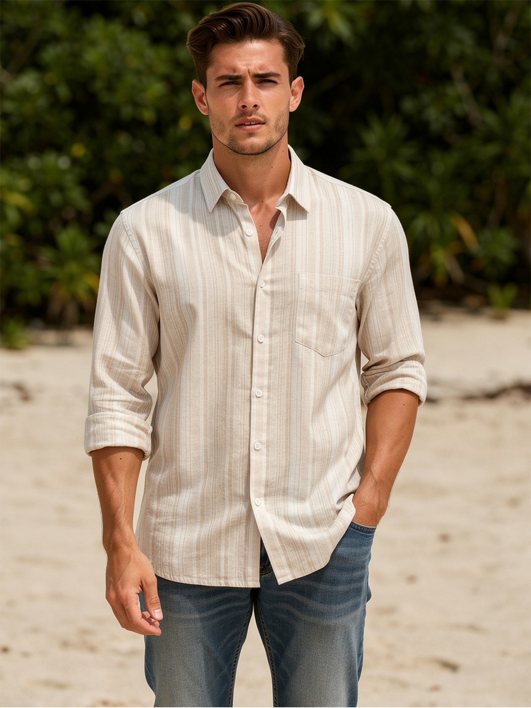 Dune Beige Stripes Casual Shirt
