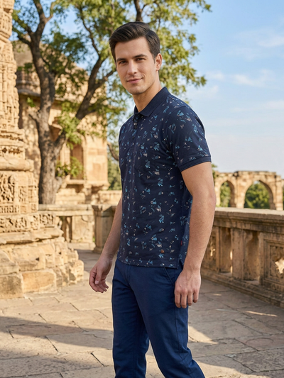 Dark Blue Abstract Printed Polo T Shirt