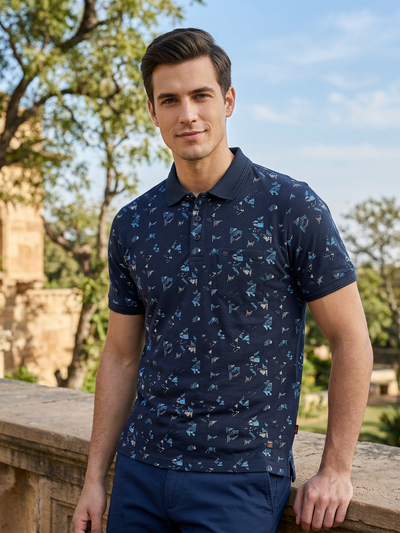 Dark Blue Abstract Printed Polo T Shirt