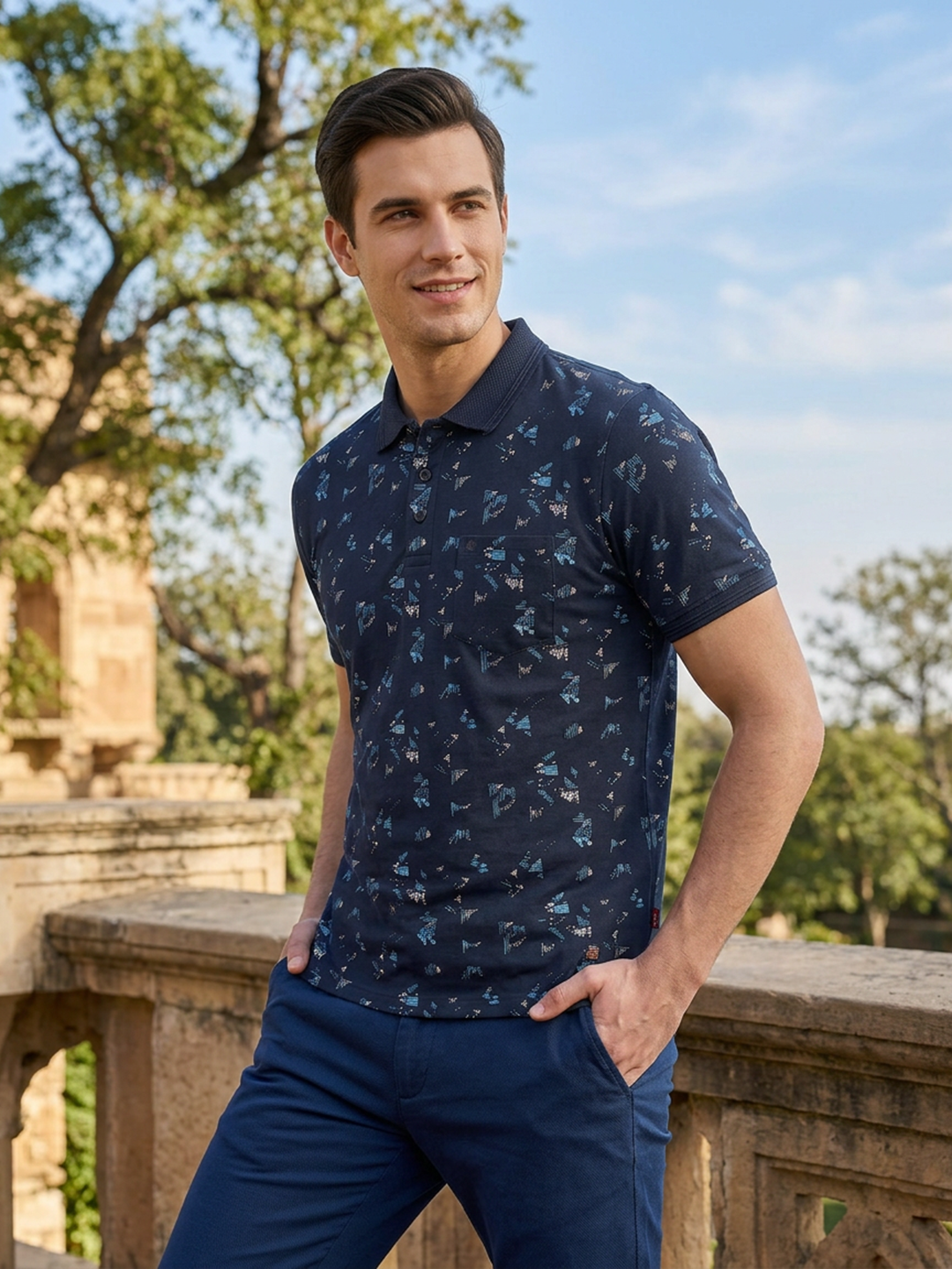 Dark Blue Abstract Printed Polo T Shirt