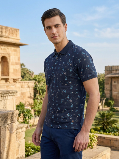 Dark Blue Abstract Printed Polo T Shirt