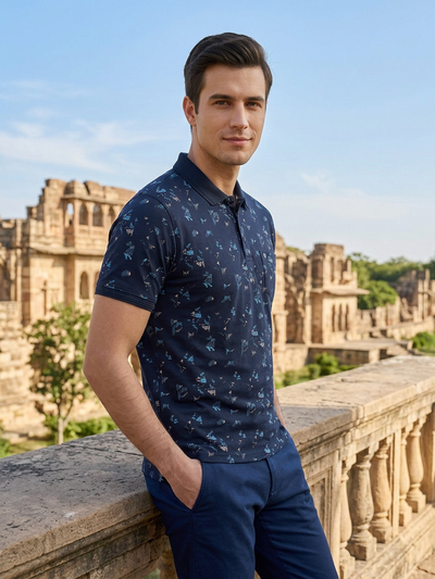 Dark Blue Abstract Printed Polo T Shirt