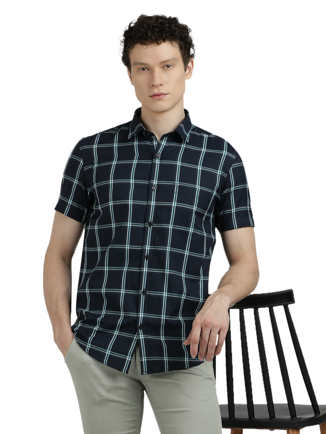 Navy Blue With Green Checked Casual Shirt