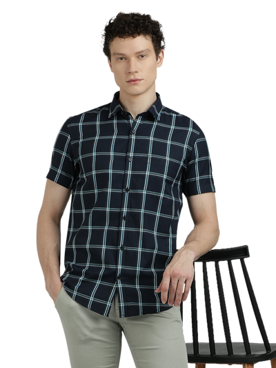 Navy Blue With Green Checked Casual Shirt